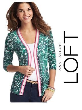 Ann Taylor Loft Green Pink Paisley Button Cardigan Contrast Trim Preppy Classic